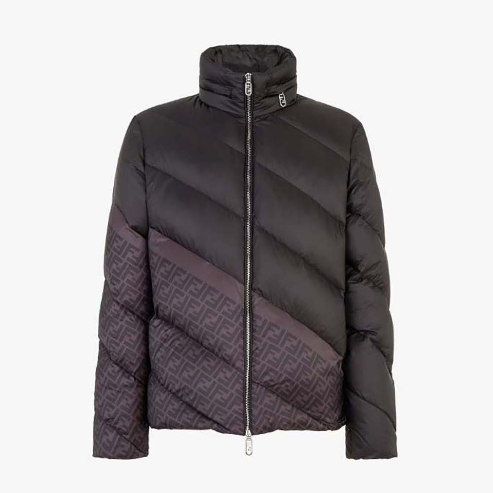 Front view of Fendi Men Down Jacket Black Nylon Down with zipped closure