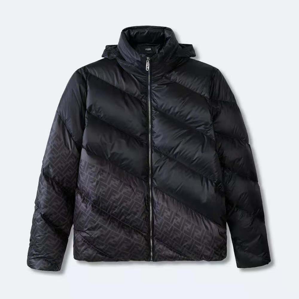 Close-up of signature gold-tone hardware on Fendi Men Down Jacket Black Nylon Down