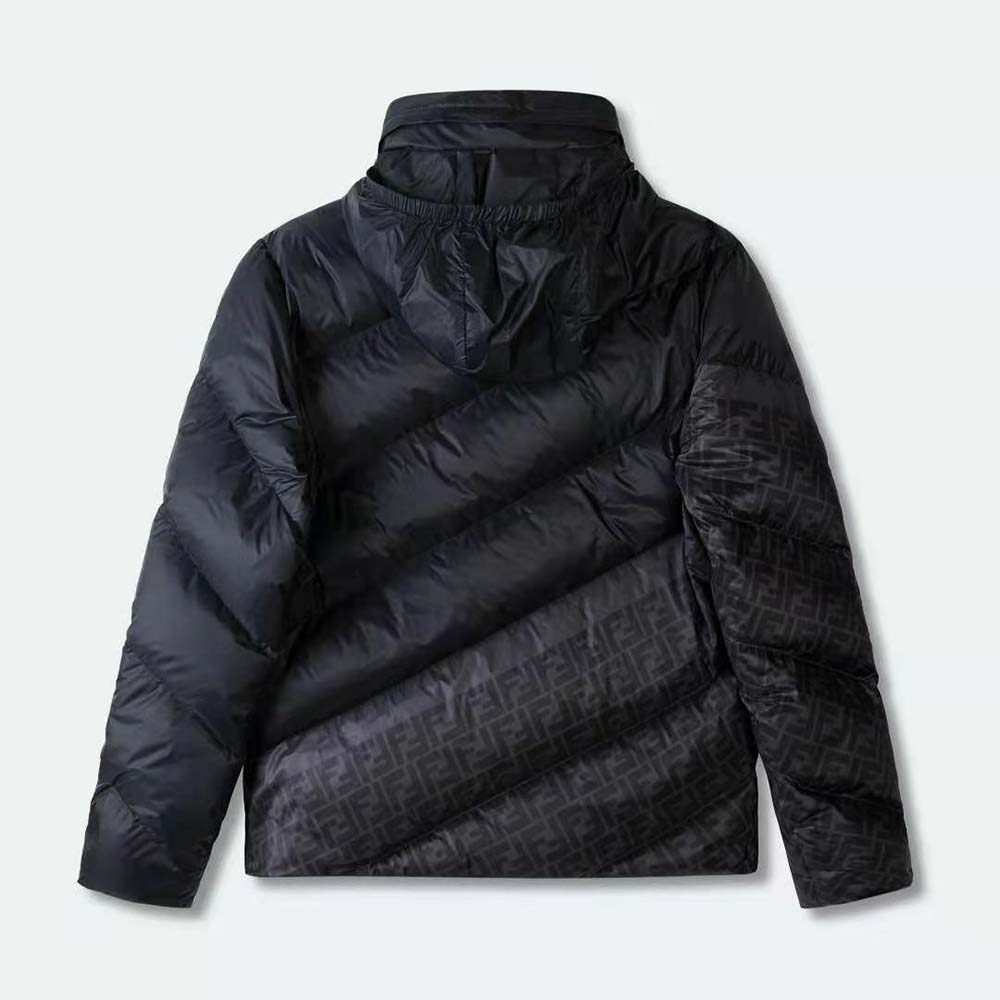 Side angle showing silhouette and texture of Fendi Men Down Jacket Black Nylon Down