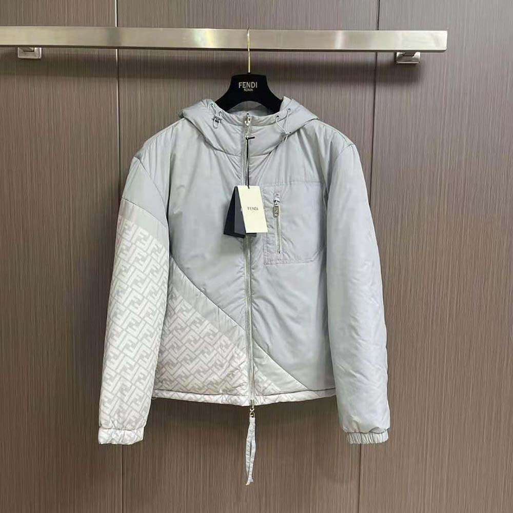 Close-up of Fendi signature hardware on white nylon Men Down Jacket