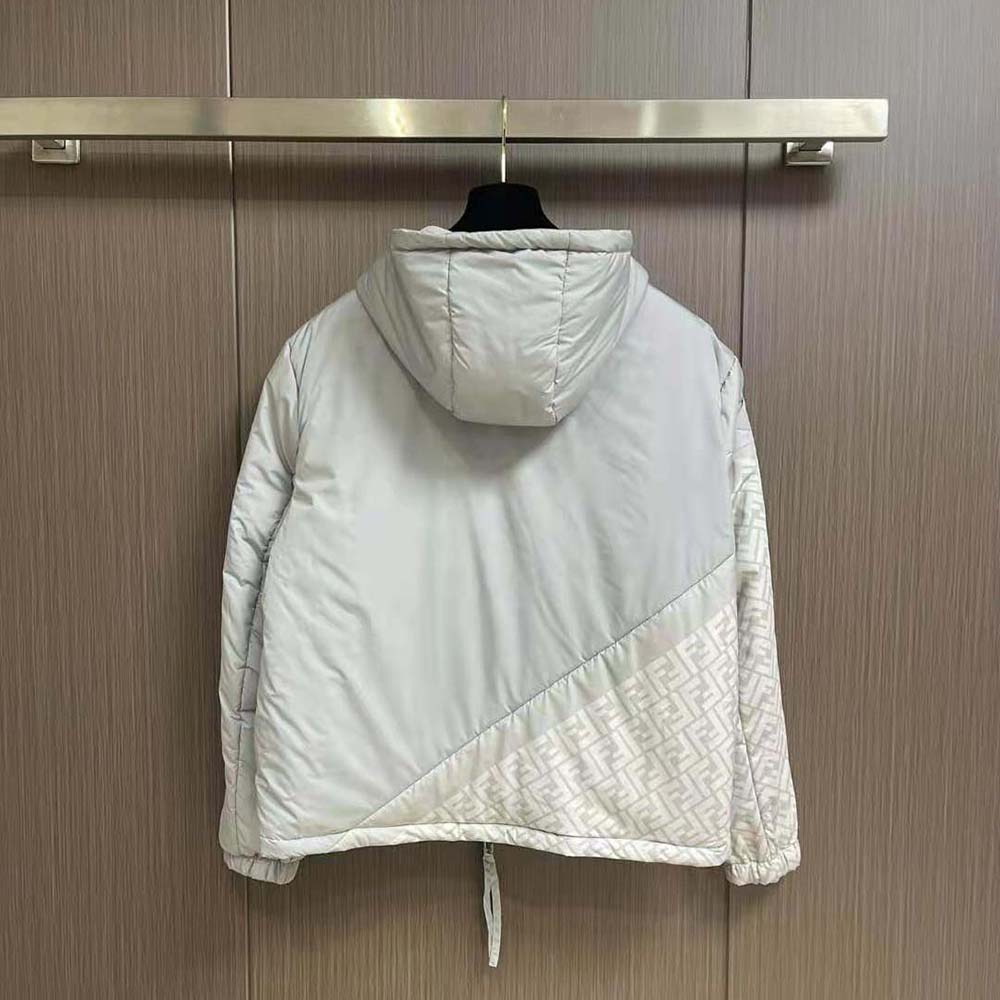 Side angle highlighting silhouette and zip closure of Fendi Men Down Jacket White Nylon