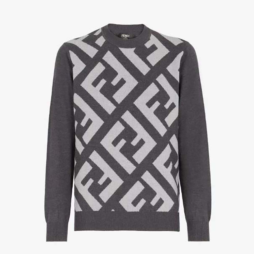 Front view of Fendi Men Gray Wool Sweater in classic fit