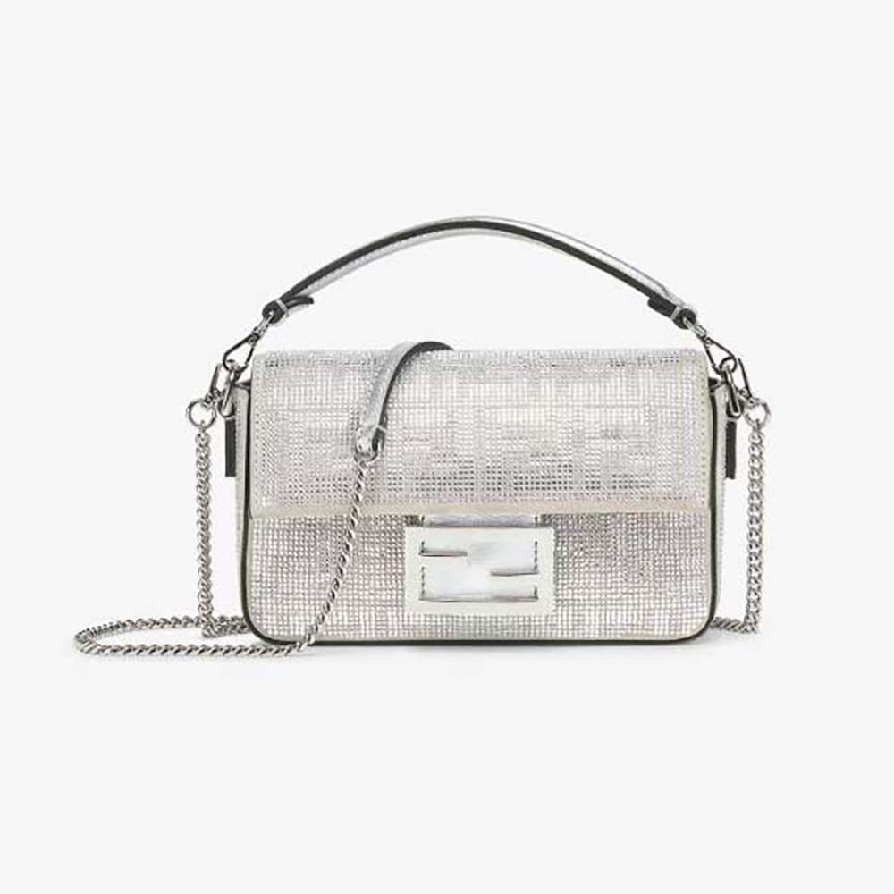 Front view of Fendi Women Baguette Mini Silver Leather Bag with Crystal FF Motif