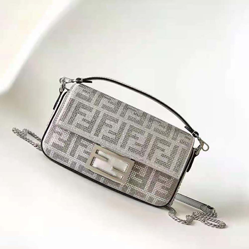 Close-up of crystal FF motif on Fendi Women Baguette Mini Silver Leather Bag