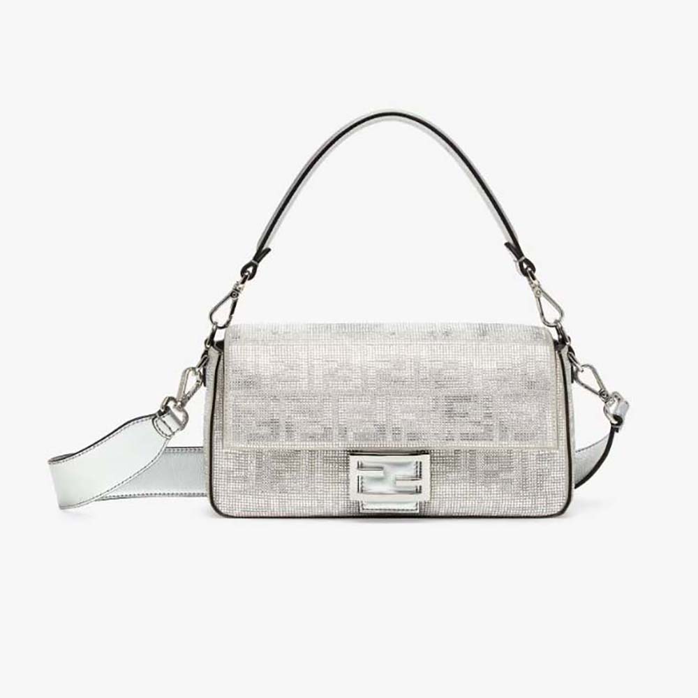 Front view of Fendi Women Baguette Silver Leather Bag with Crystal FF Motif