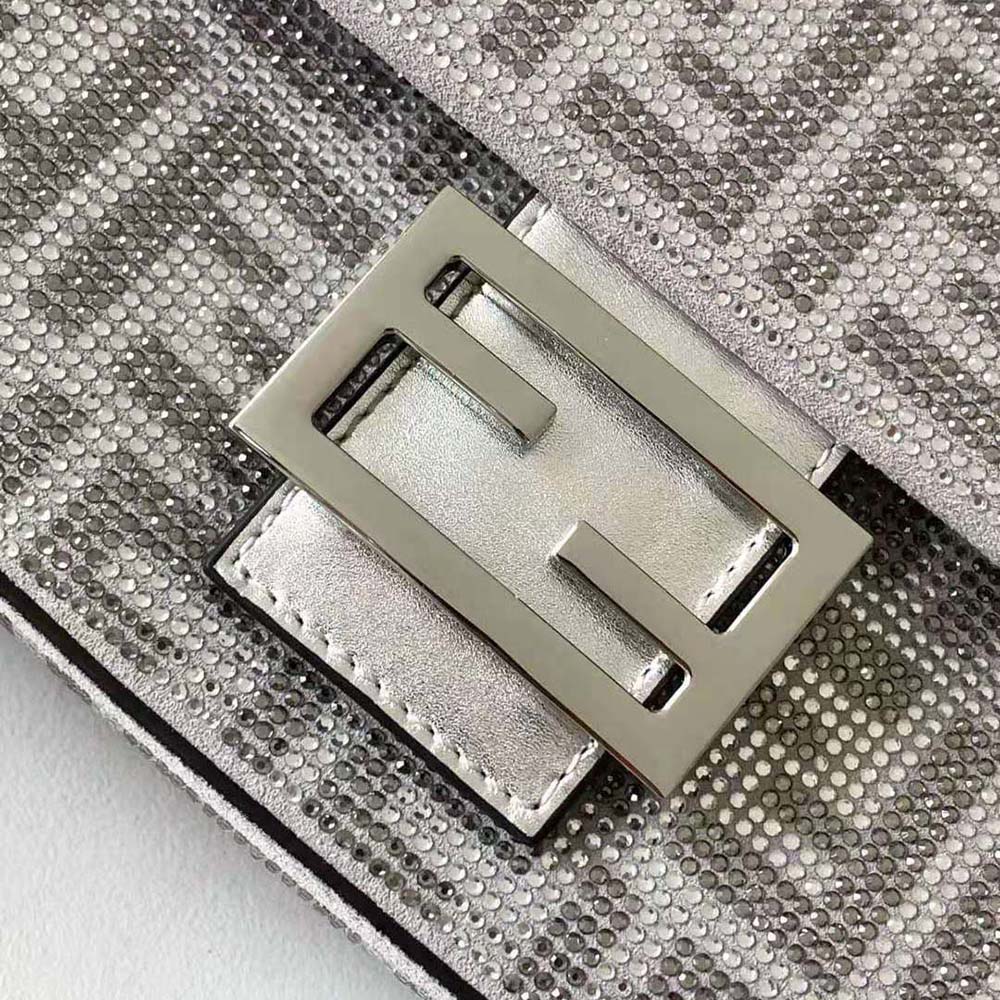 Fendi Women Baguette Silver Leather Bag with Crystal FF Motif - image 7