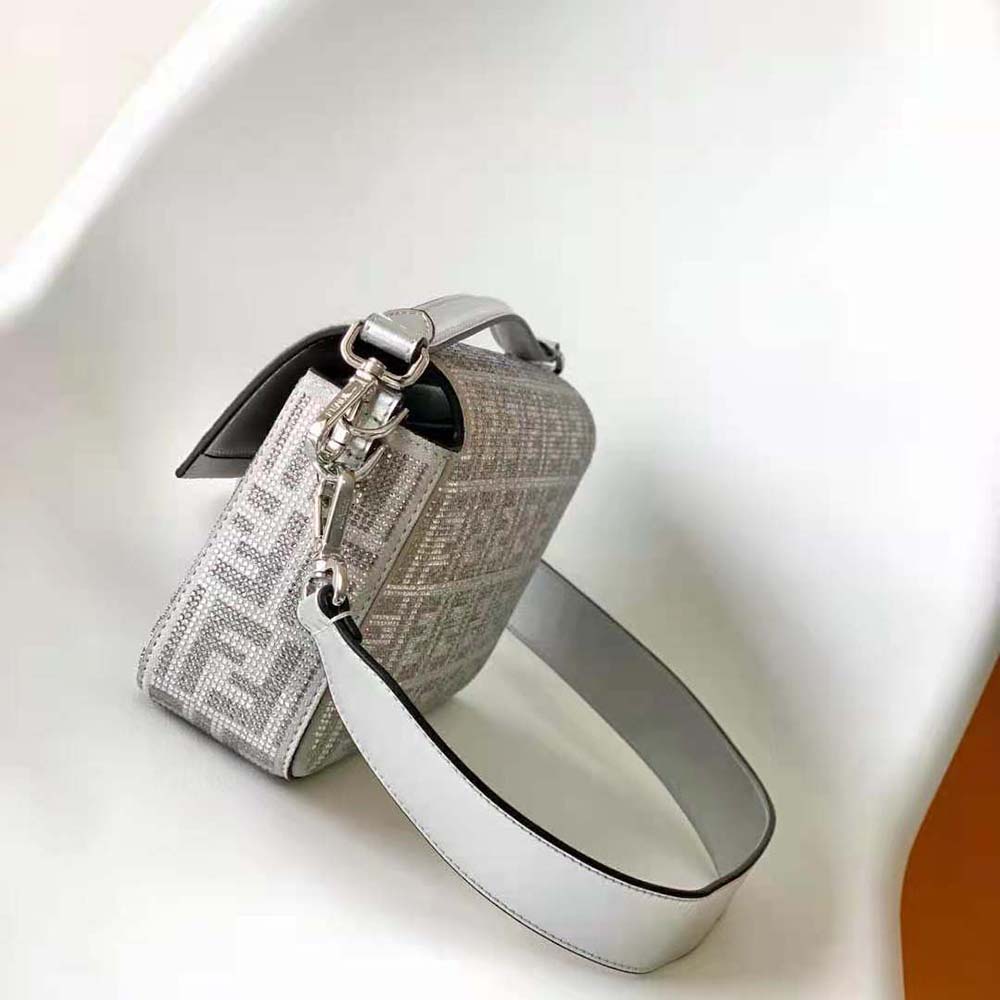 Fendi Women Baguette Silver Leather Bag with Crystal FF Motif - image 4