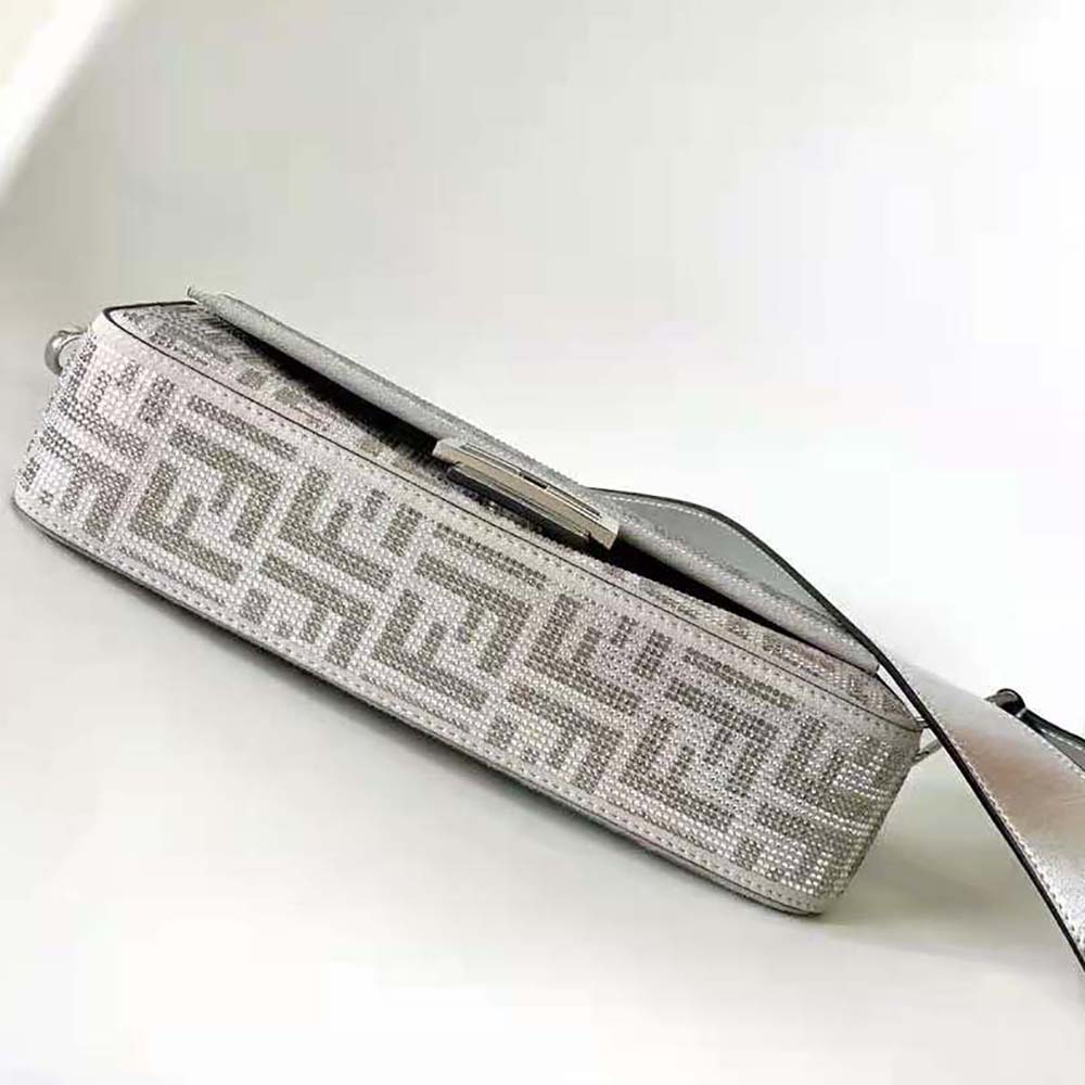 Fendi Women Baguette Silver Leather Bag with Crystal FF Motif - image 5