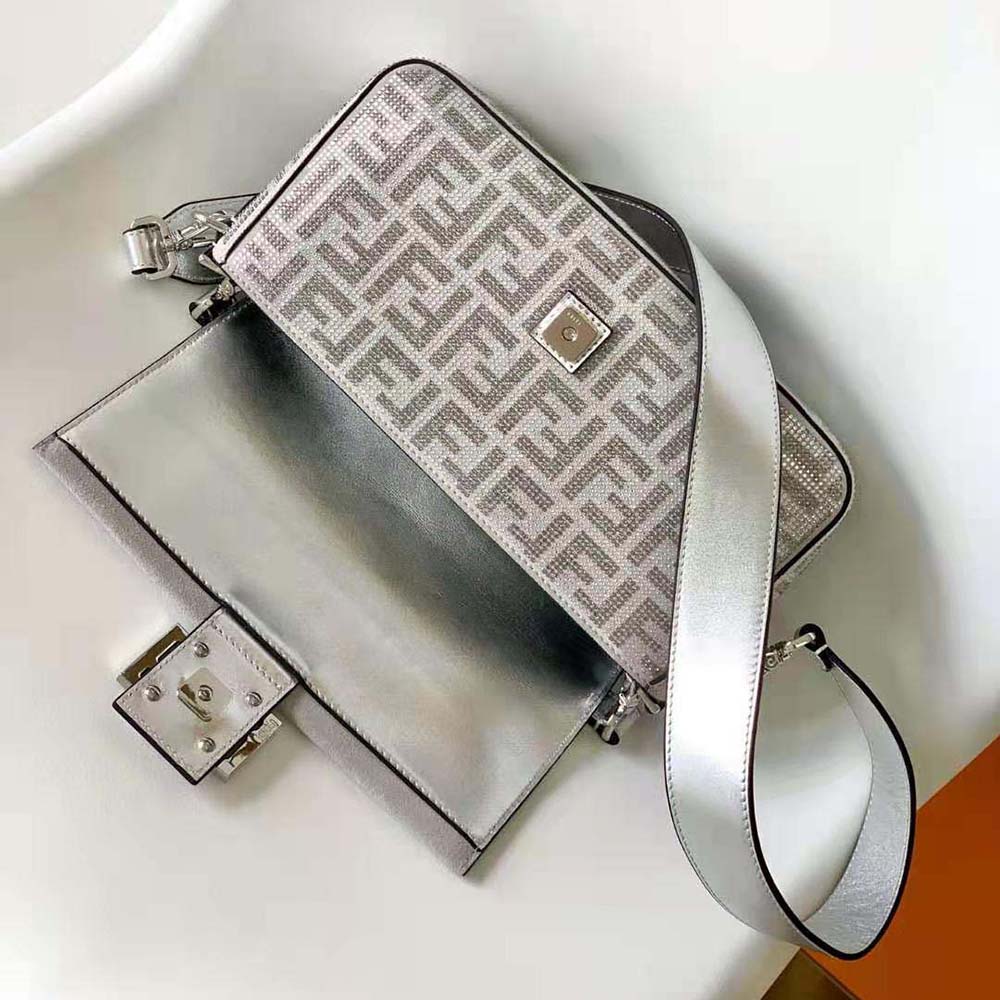 Fendi Women Baguette Silver Leather Bag with Crystal FF Motif - image 6