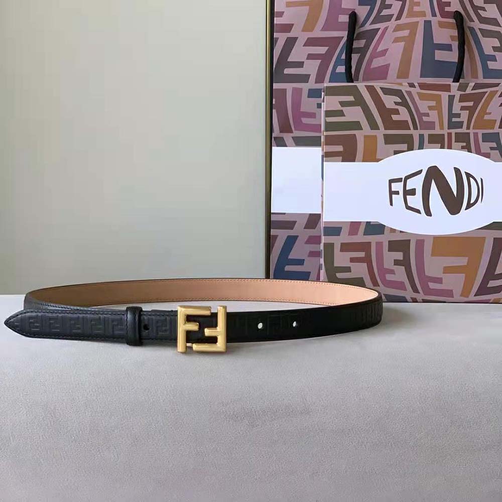 Close-up of silver-tone FF logo buckle on Fendi Women FF Belt Black Leather