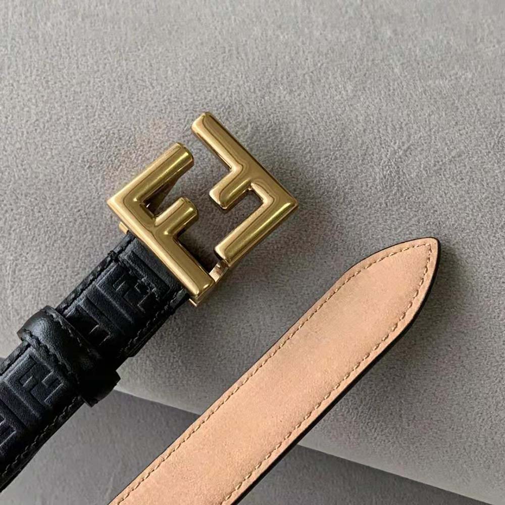 Side angle showing slim silhouette of Fendi Women FF Belt Black Leather