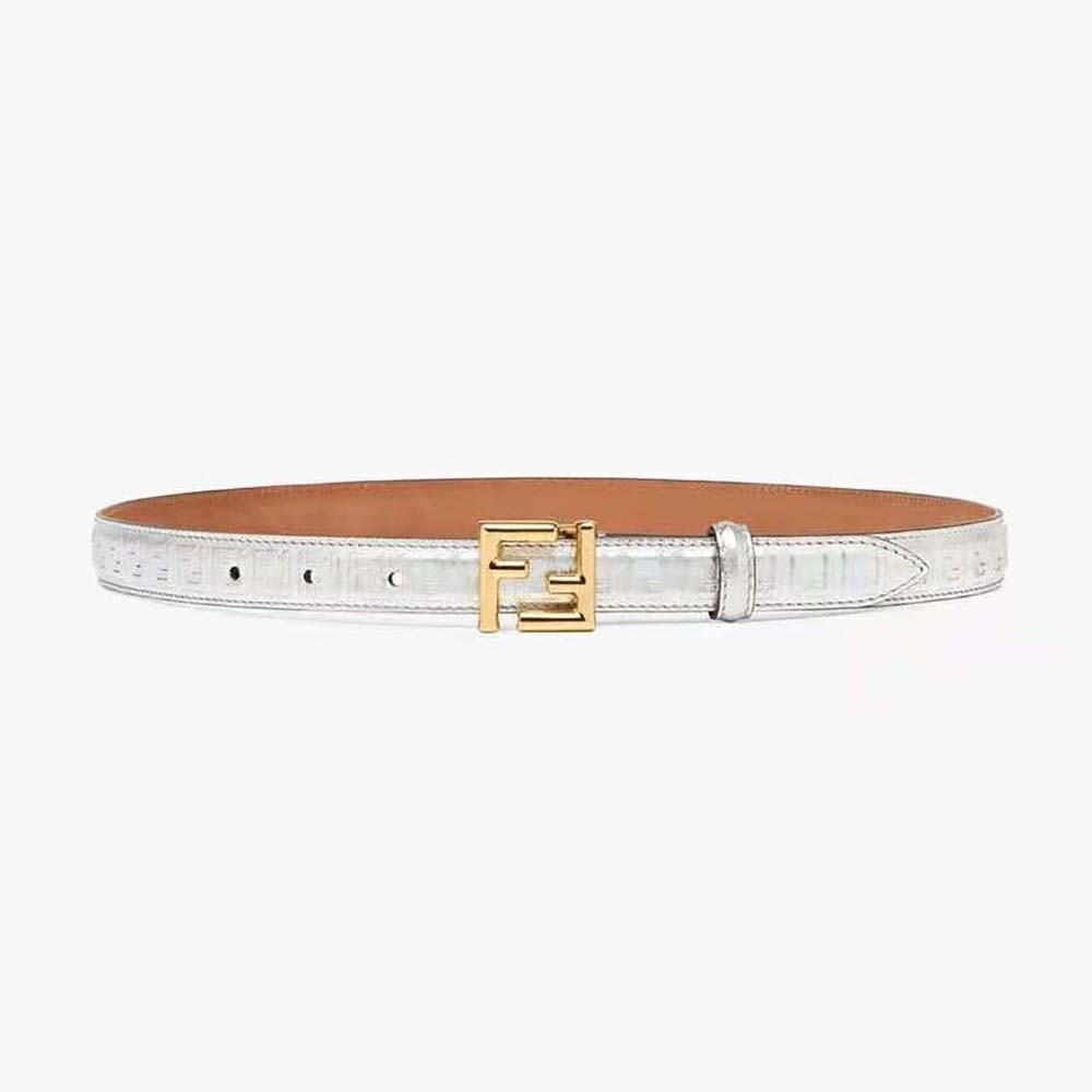 Front view of Fendi Women FF Belt Silver Leather with silver buckle