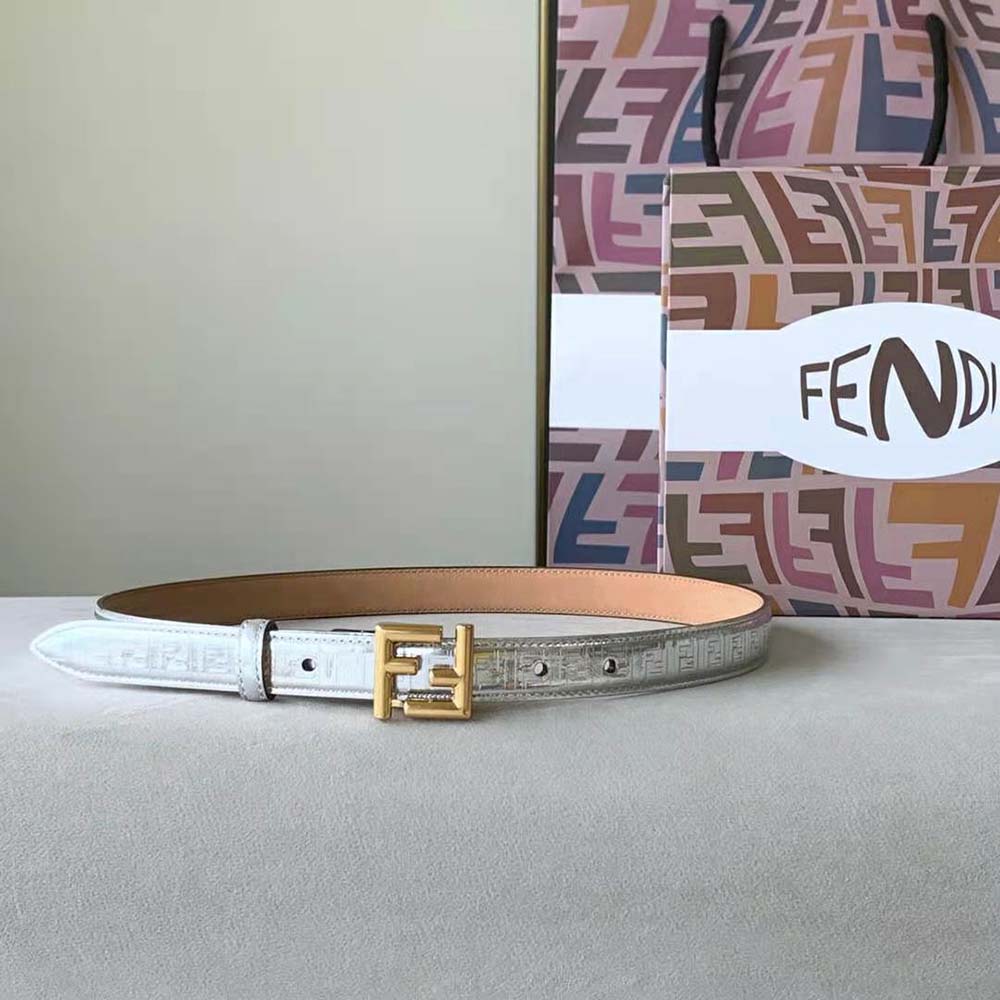 Close-up of Fendi Women FF Belt Silver Leather FF logo hardware