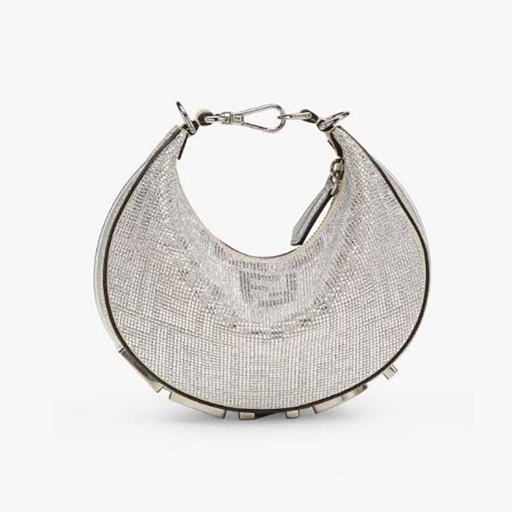 Front view of Fendi Women Fendigraphy Mini Silver Leather Mini Bag with crystal motif