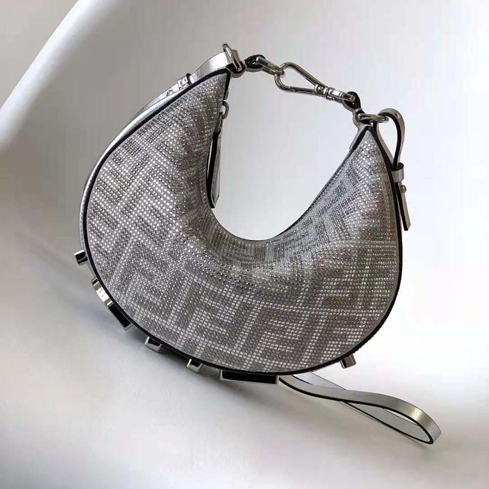 Side angle showing adjustable strap on Fendi Women Fendigraphy Mini Silver Leather Mini Bag