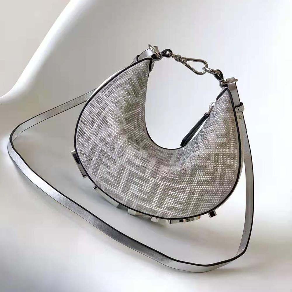 Close-up of crystal FF motif on Fendi Women Fendigraphy Mini Silver Leather Mini Bag