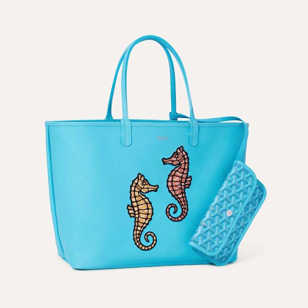 Front angle of Goyard Women Anjou PM Seahorse Embroidery-Blue handbag