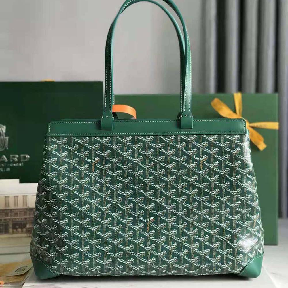 Side angle of Goyard Women Bellechasse Biaude PM Bag-Green highlighting structure