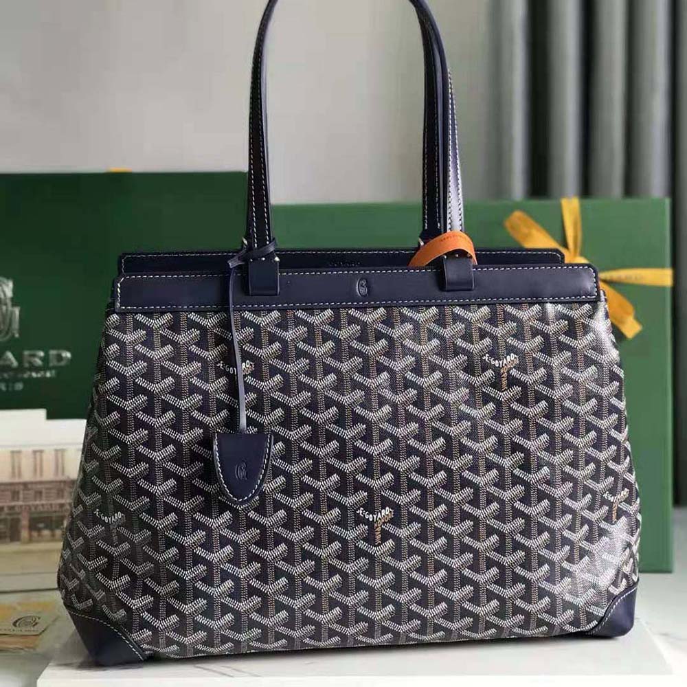 Close-up of signature chevron pattern on Goyard Women Bellechasse Biaude PM Bag-Navy