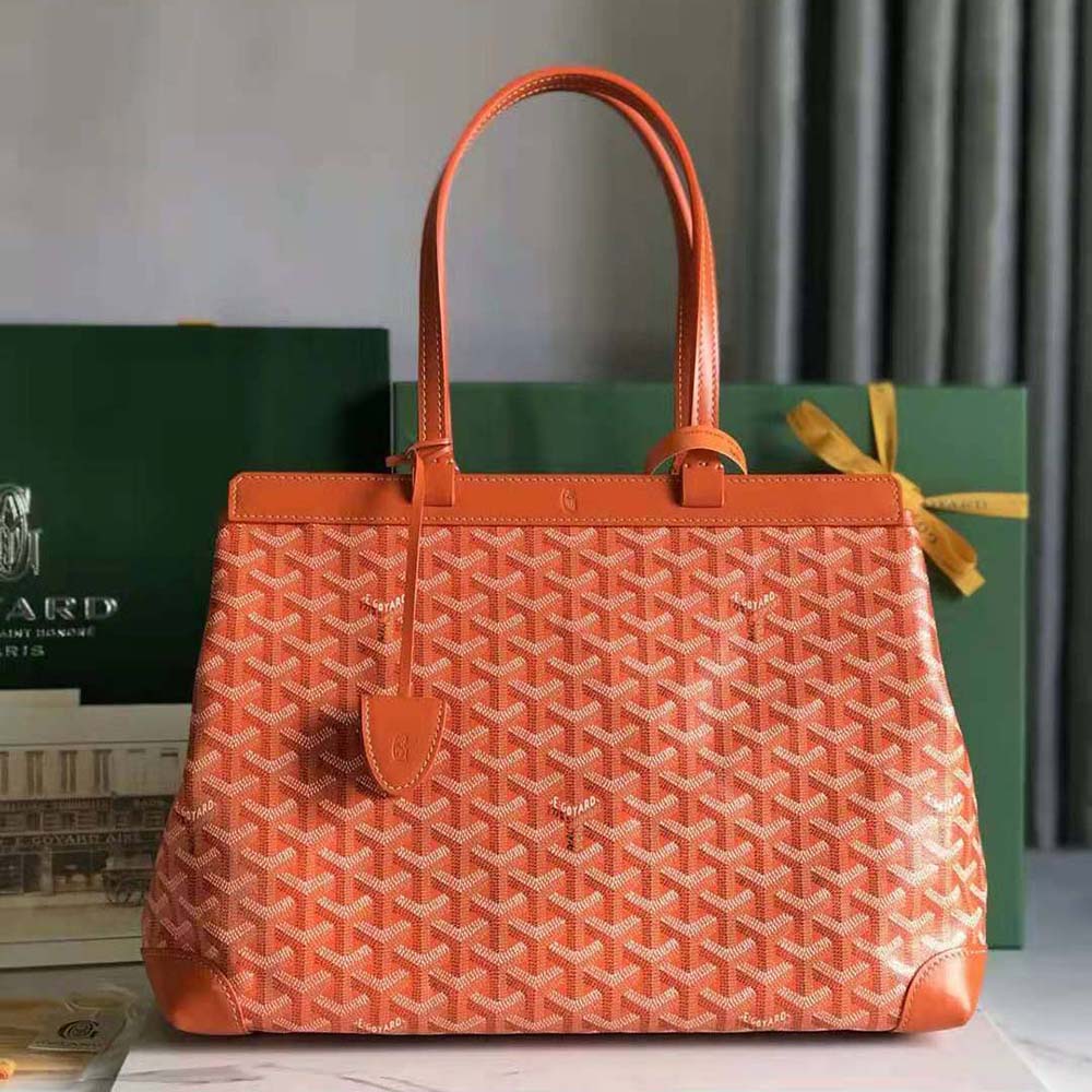 Close-up on signature Goyardine chevron pattern and leather flap detail
