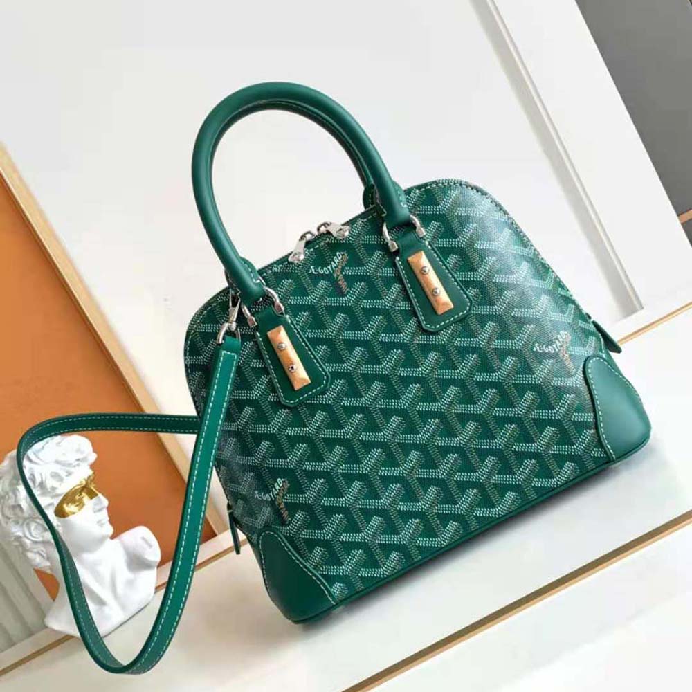 Close-up of gold hardware and signature on Goyard Women Vendôme Mini Bag-Green