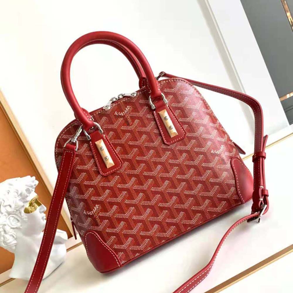 Side angle of Goyard Women Vendôme Mini Bag-Red highlighting leather trim