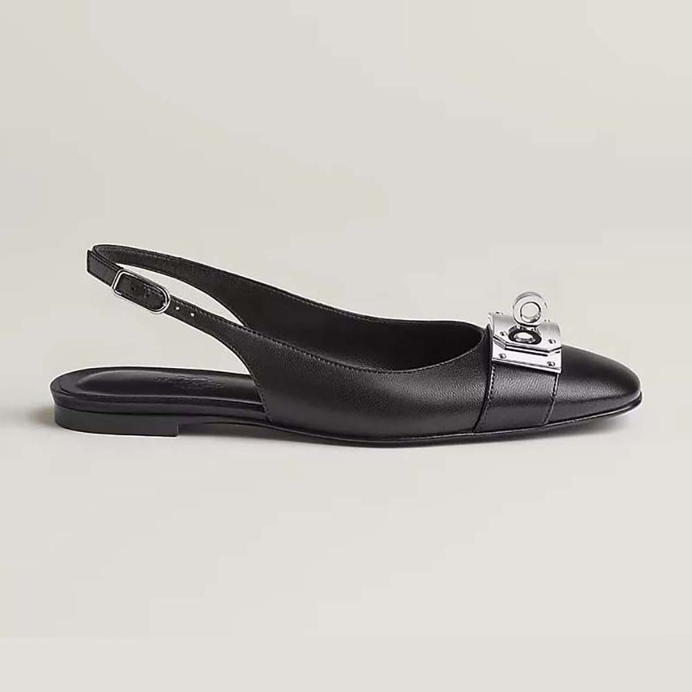 Front angle view of Hermes Women Innocente Slingback in Black goatskin