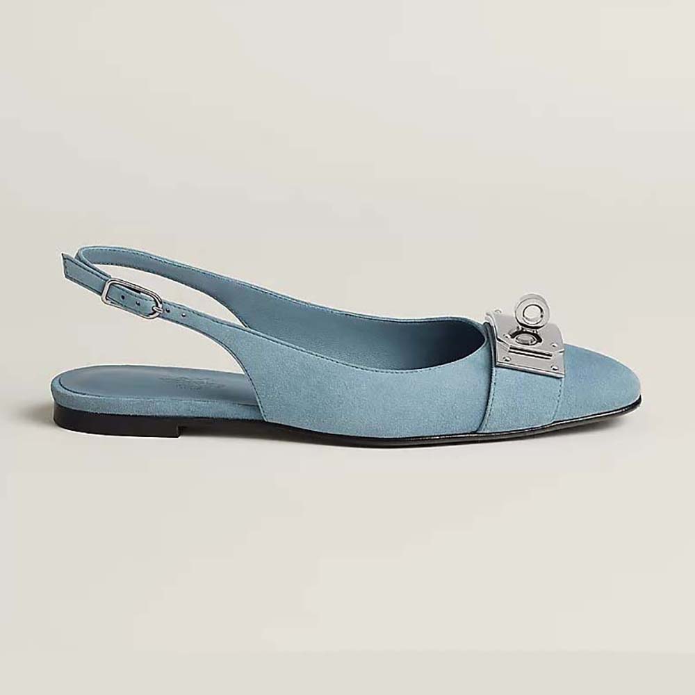 Side profile of Hermes Women Innocente Slingback in blue suede goatskin