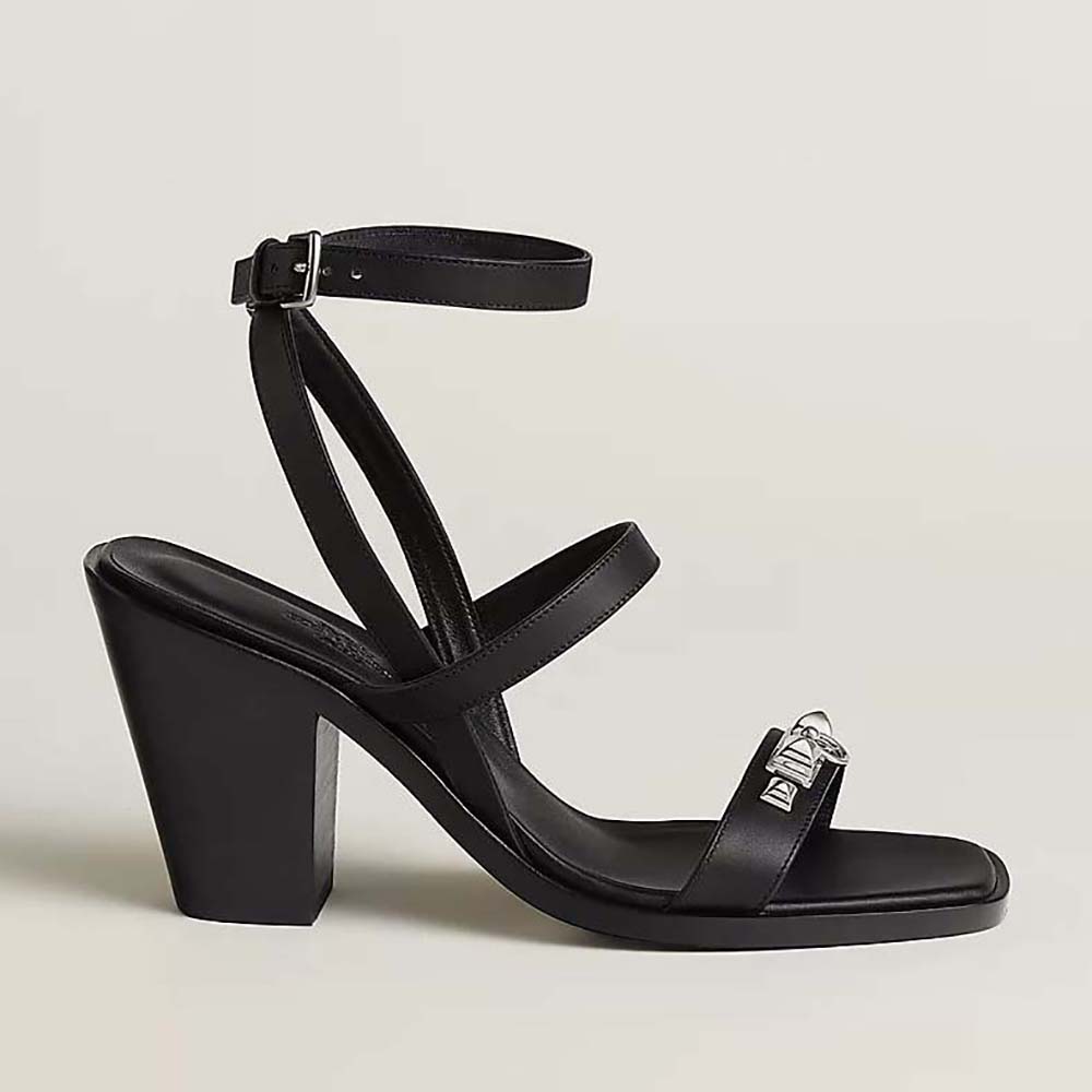 Side view of Hermes Women Ivresse 65 Sandal in black calfskin