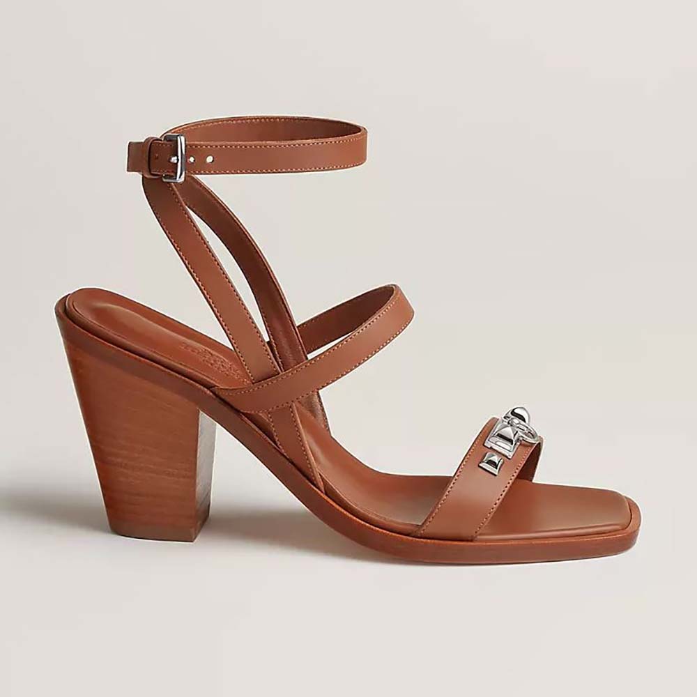 Front angle of Hermes Women Ivresse 65 Sandal in Calfskin-Brown