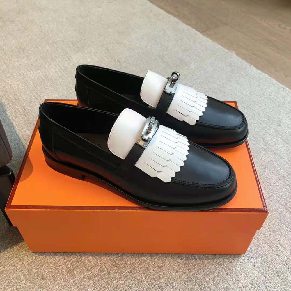 Close-up of goatskin and calfskin texture on Hermes Women Royal Loafer