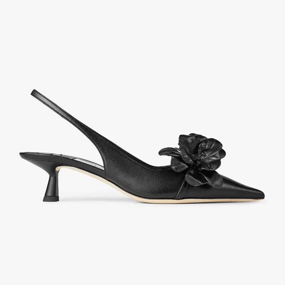 Side view of Jimmy Choo Women Amita Flowers 45 black sling back pumps