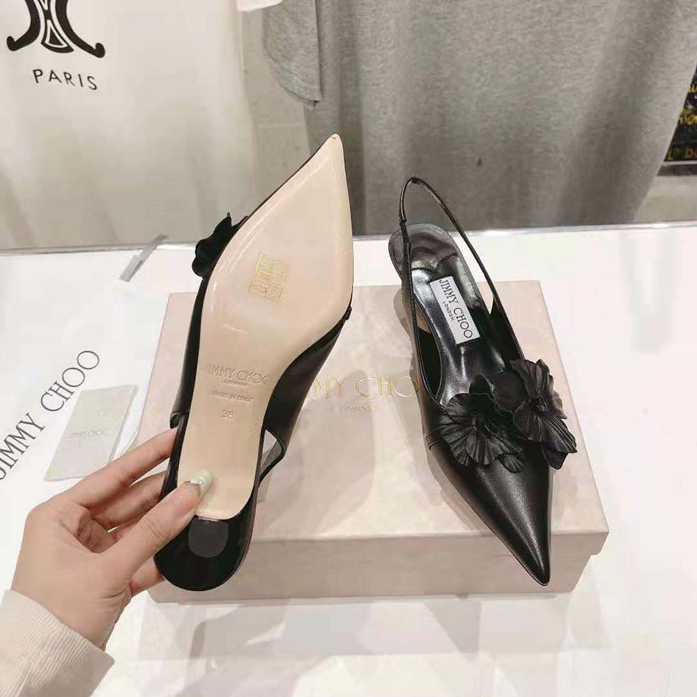 Jimmy Choo Women Amita Flowers 45 Black Nappa Leather Sling Back Pumps with Flowers - image 10