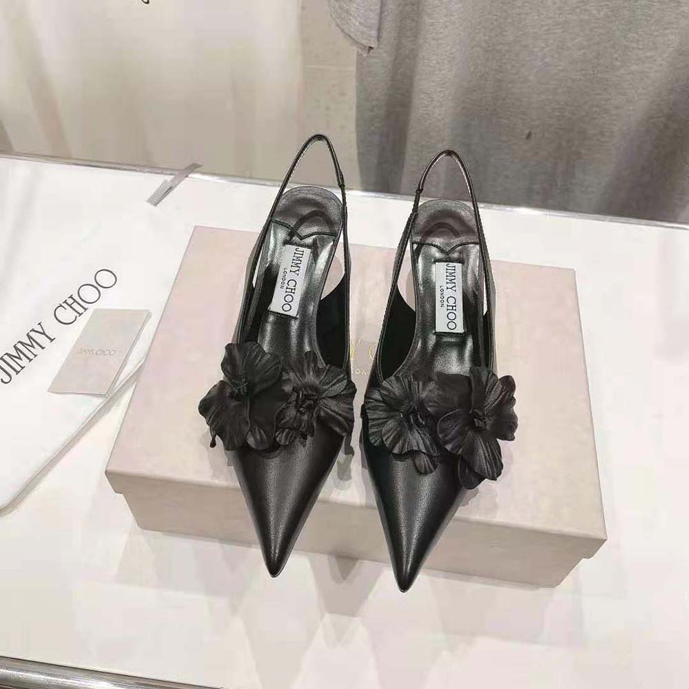 Close-up of floral appliqués on Jimmy Choo Amita Flowers 45 pumps
