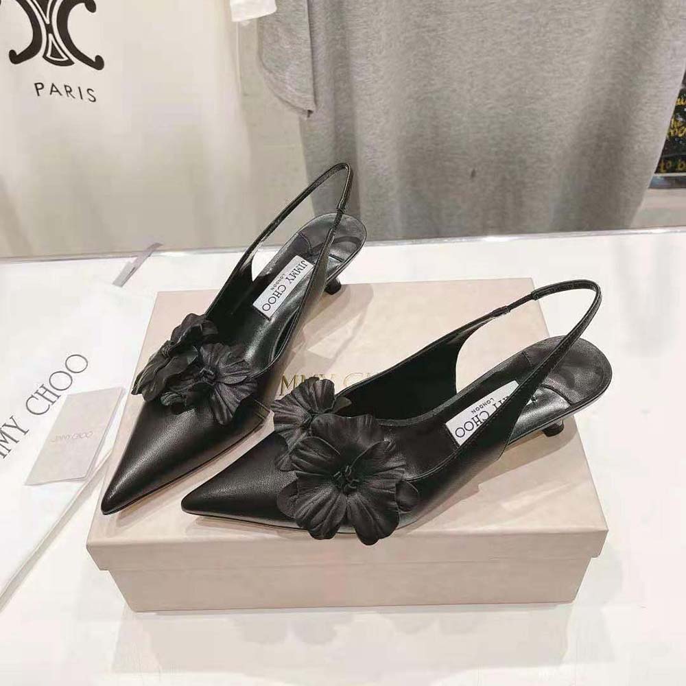 Jimmy Choo Women Amita Flowers 45 Black Nappa Leather Sling Back Pumps with Flowers - image 4