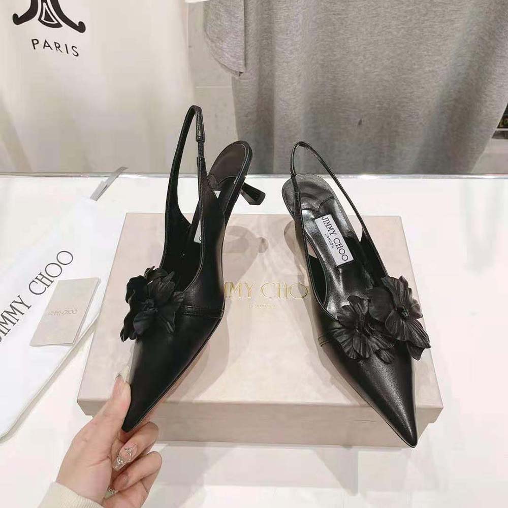 Jimmy Choo Women Amita Flowers 45 Black Nappa Leather Sling Back Pumps with Flowers - image 5
