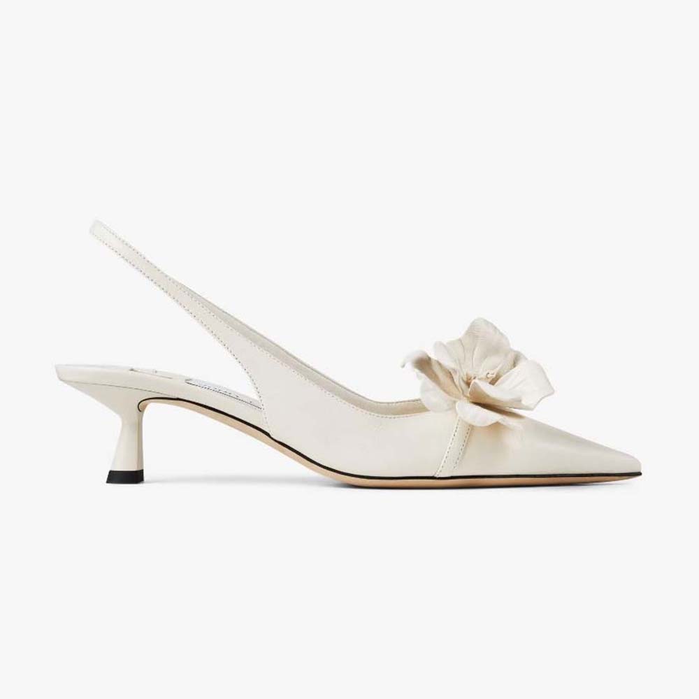 Side view of Jimmy Choo Women Amita Flowers 45 Latte Nappa Leather Sling Back Pumps