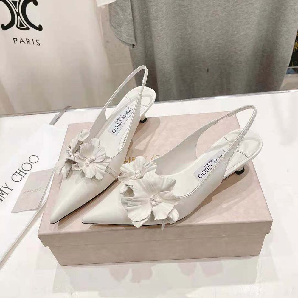Rear profile showing adjustable sling back strap of Jimmy Choo Amita Flowers 45