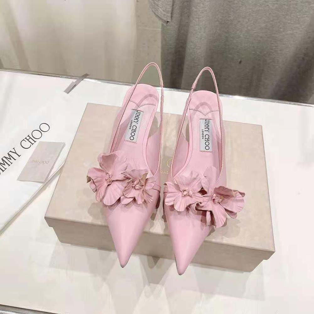 Close-up of floral appliqué on Jimmy Choo Amita Flowers 45 sling back pumps