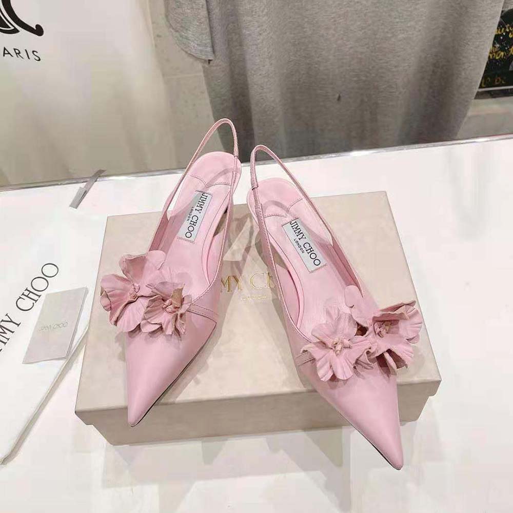 Side profile showing 45mm heel of Jimmy Choo Amita Flowers 45 Rose Pumps
