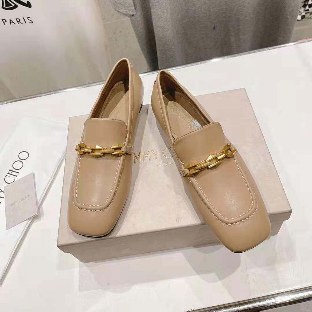 Top angle showing biscuit calf leather and silhouette of Jimmy Choo Diamond Tilda Loafers