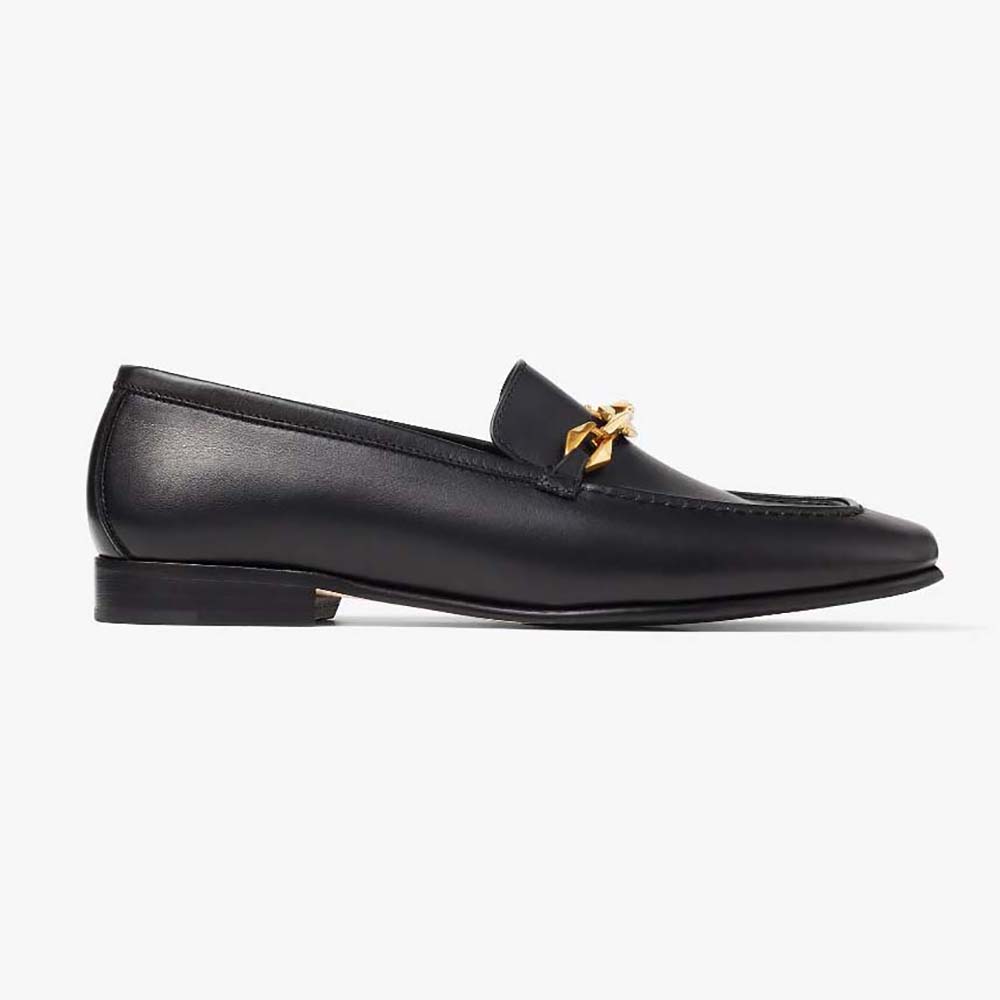 Side view of Jimmy Choo Women Diamond Tilda Loafer Black Calf Leather Loafers with chain