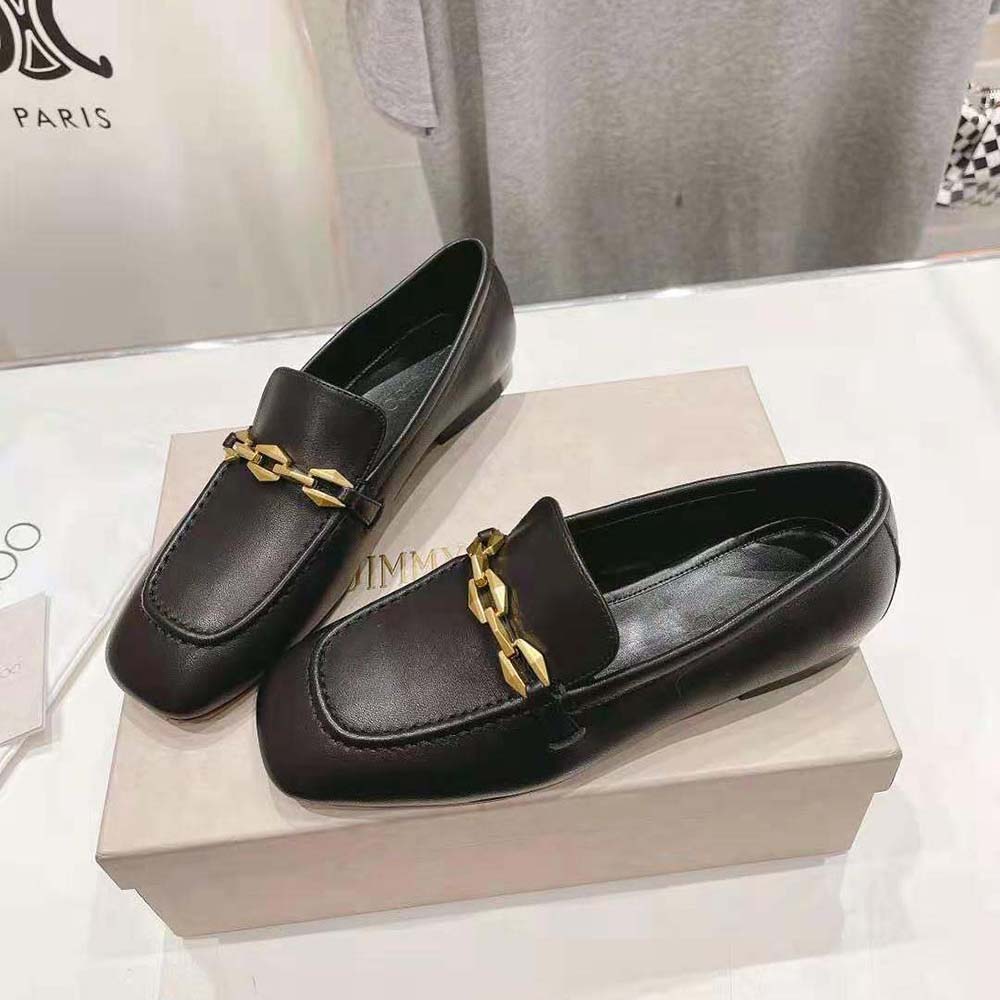 Top angle showing sleek black calf leather and loafer silhouette Jimmy Choo Diamond Tilda