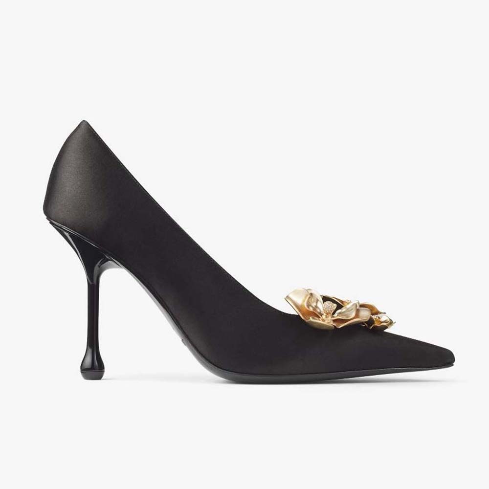 Side view of Jimmy Choo Women Ixia 95 Black Satin Pumps with Flowers