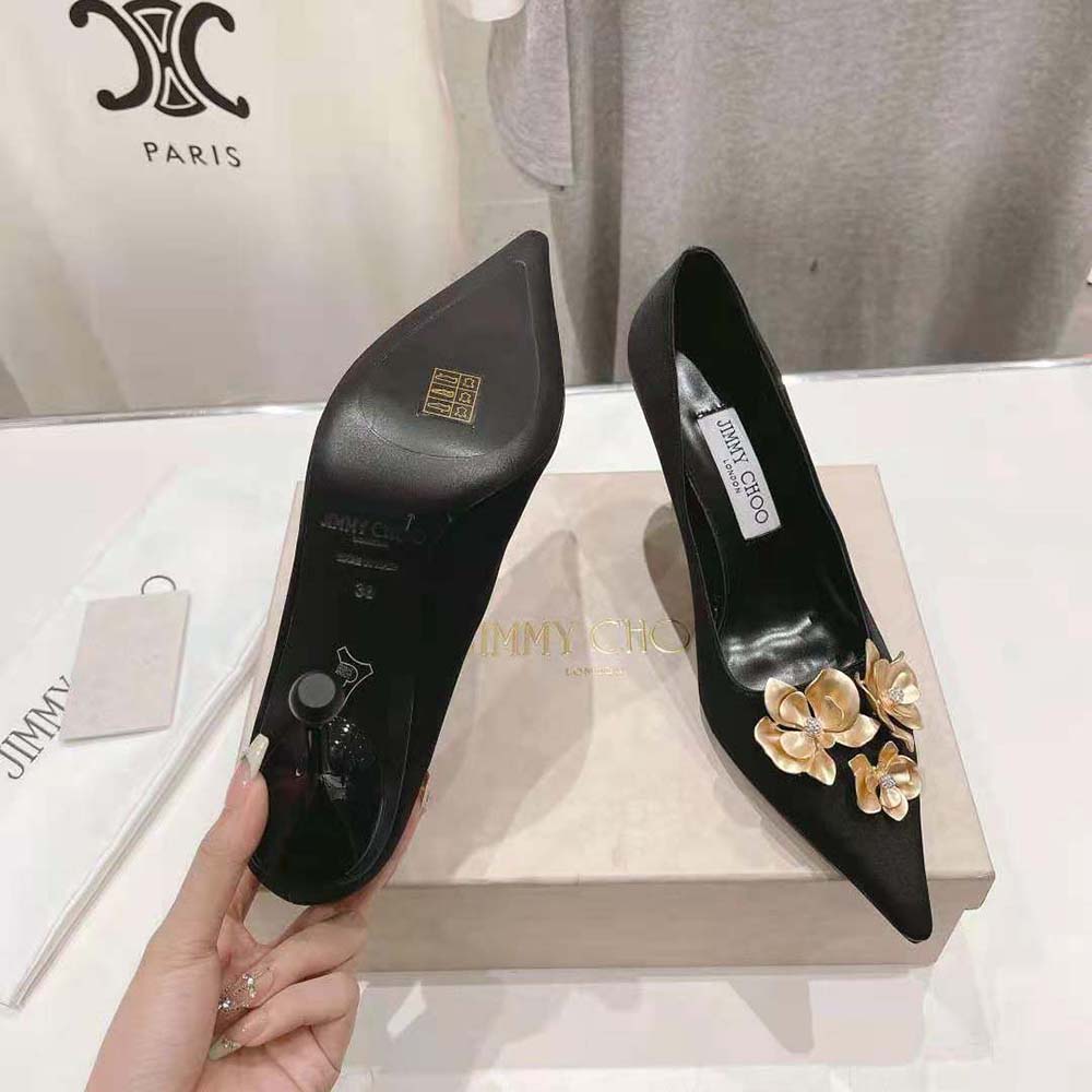 Jimmy Choo Women Ixia 95 Black Satin Pumps with Flowers-IXIA95BGU - image 10