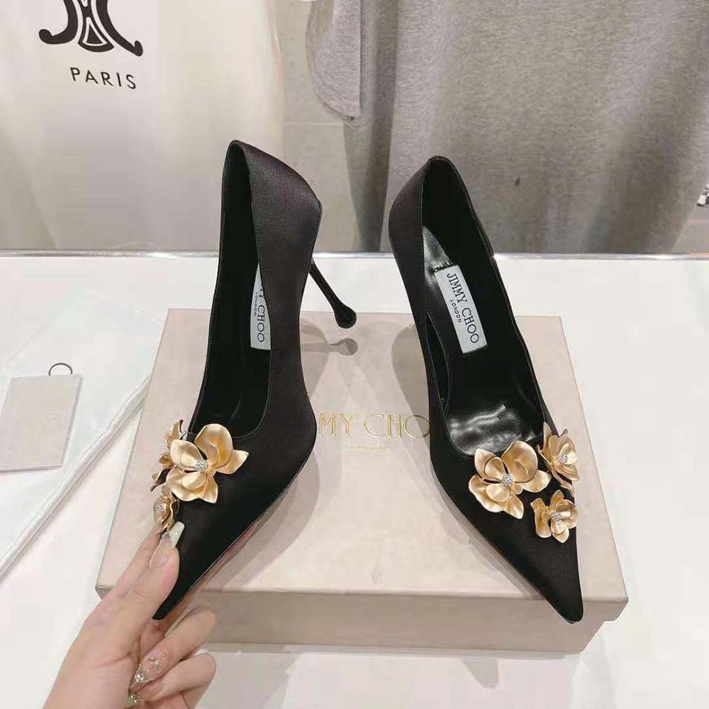 Jimmy Choo Women Ixia 95 Black Satin Pumps with Flowers-IXIA95BGU - image 5