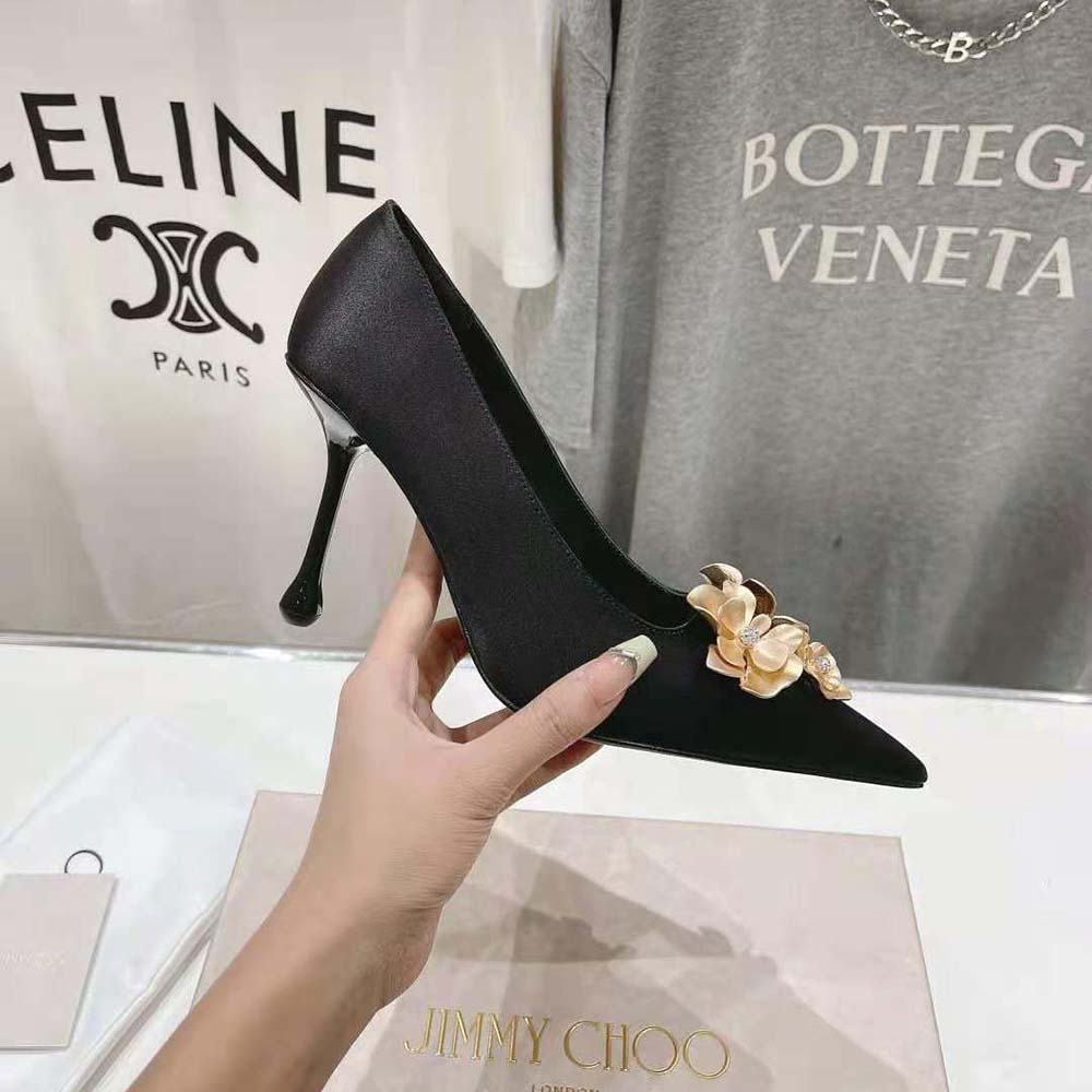 Jimmy Choo Women Ixia 95 Black Satin Pumps with Flowers-IXIA95BGU - image 6