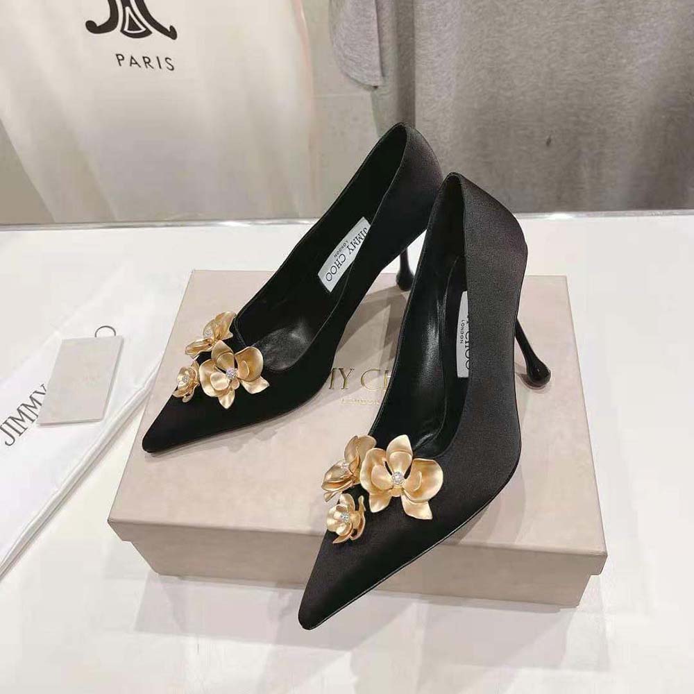 Jimmy Choo Women Ixia 95 Black Satin Pumps with Flowers-IXIA95BGU - image 4
