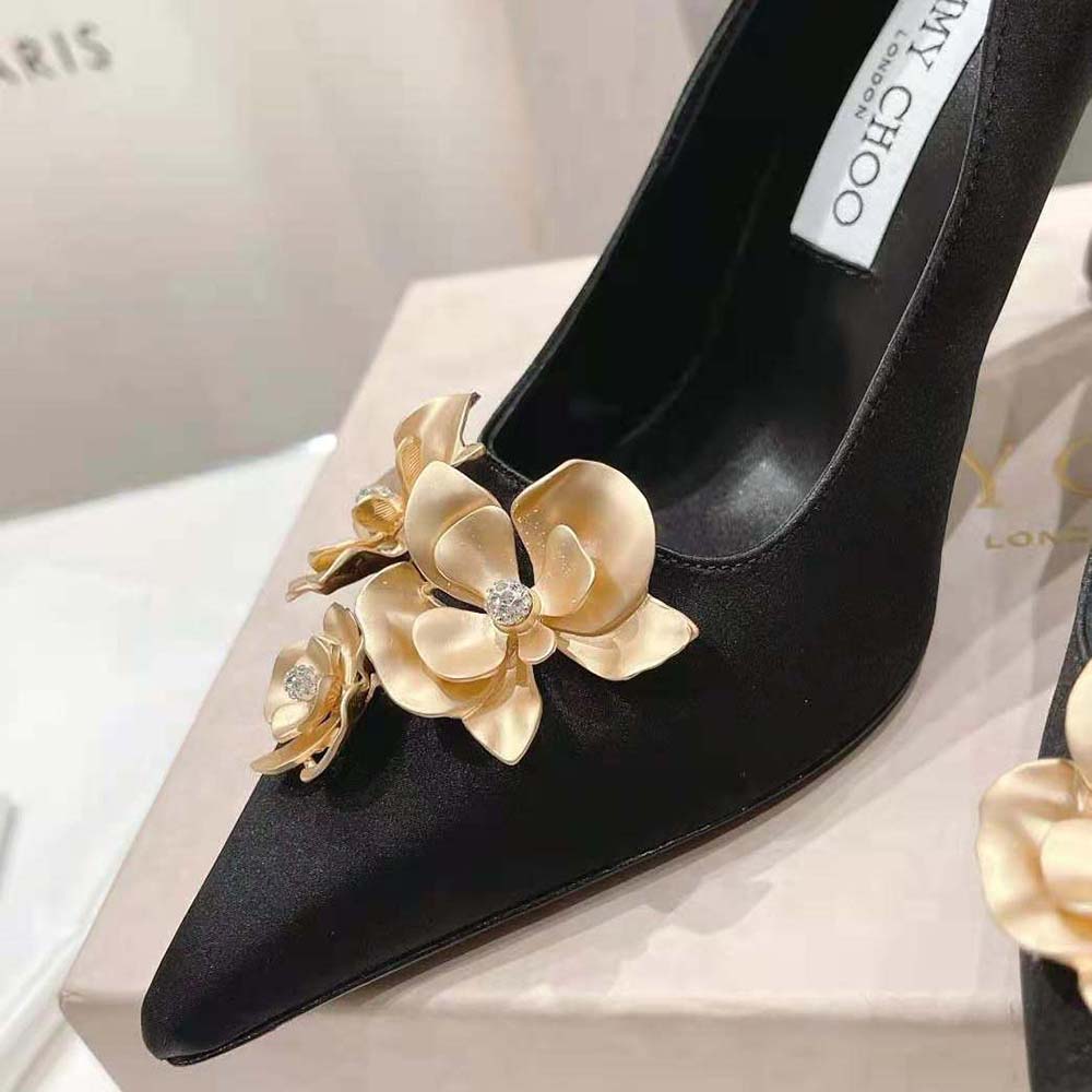 Jimmy Choo Women Ixia 95 Black Satin Pumps with Flowers-IXIA95BGU - image 7