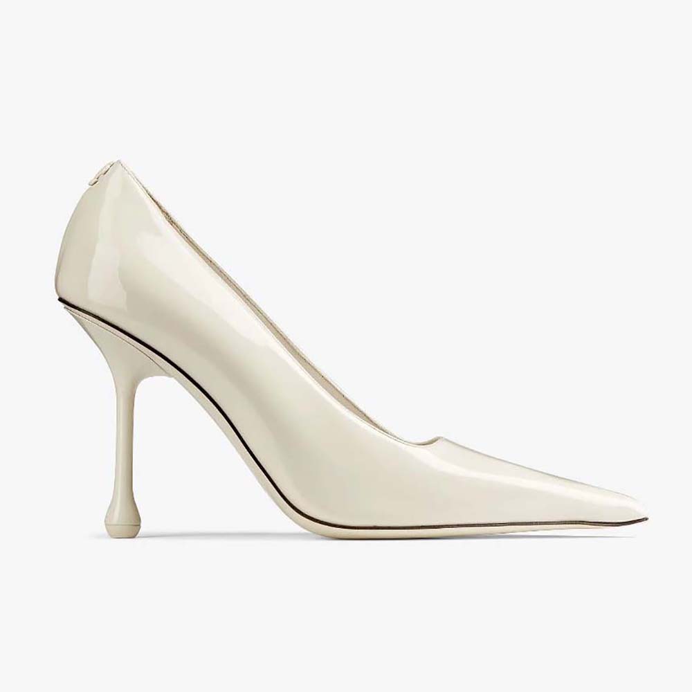 Side view of Jimmy Choo Women Ixia 95 Latte Patent Leather Pumps in white